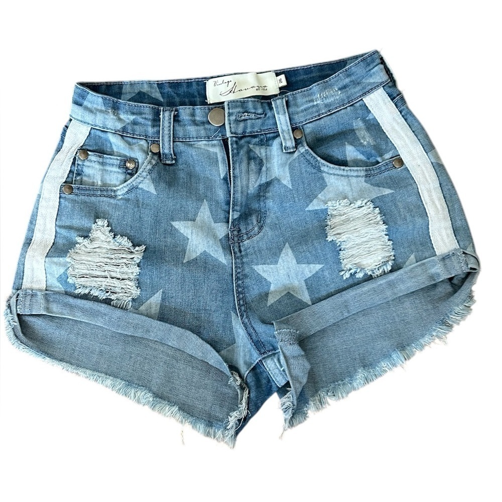 Vintage Havana Star Print Distressed High Rise Denim Shorts Women’s Size 26
